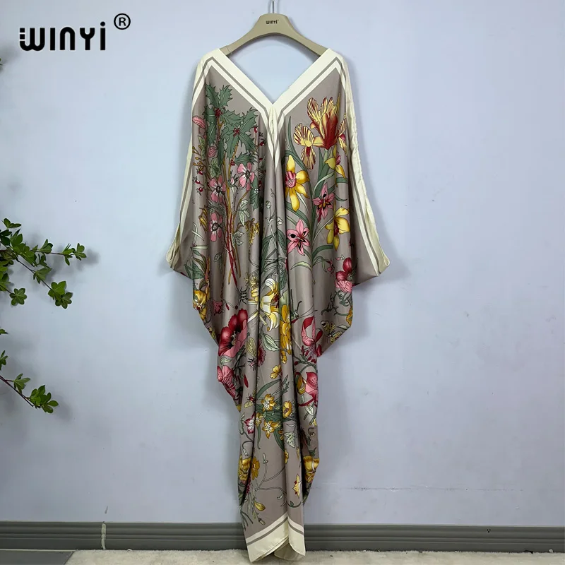 Winyi Kleid Länge: 130cm Mode Truthahn Kleider Böhmen Druck Abaya Frauen lange Kaftan Sommer Farbe afrikanischen Abendkleid Frau