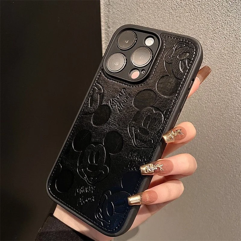 Disney Cartoon Mickey Mouse Zachte Telefoon Case Voor iPhone 11 12 13 14 15 16 17 Pro Max X XR Leuke 3D Reliëf Lederen Cover Funda