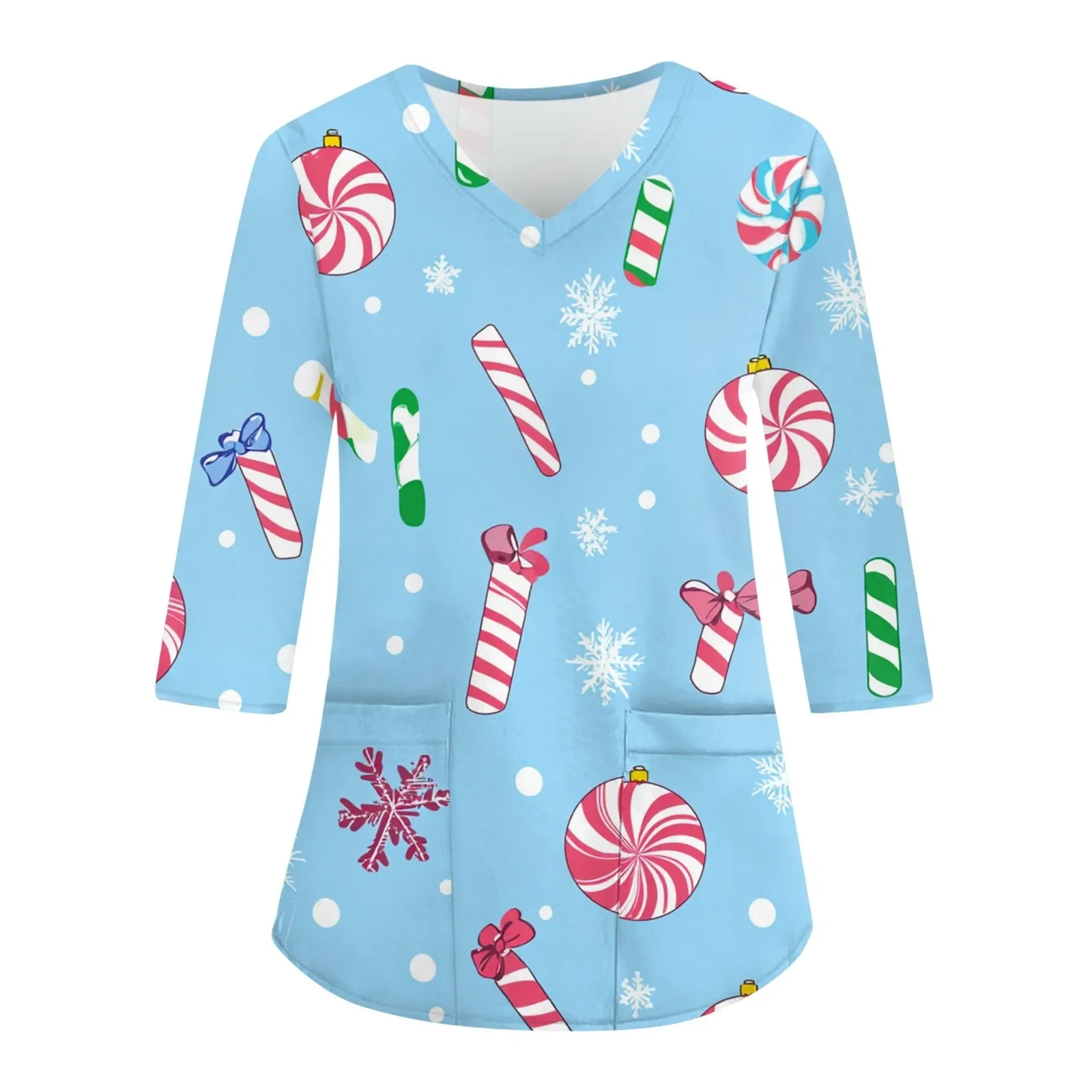 Presságio 3d manga longa natal impresso uniforme superior uniforme de trabalho com decote em v bolso camiseta protetora uniformes de enfermagem do hospital dentis