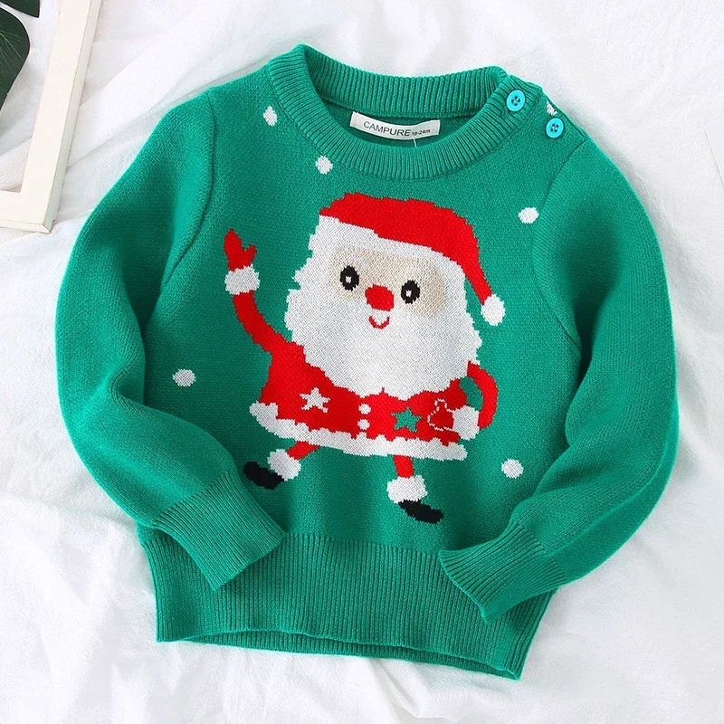 Christmas Sweater Children Clothing Baby Girls Boys Knit Santa Claus Print Knitted Sweater Winter Kids New Year Party Sweaters