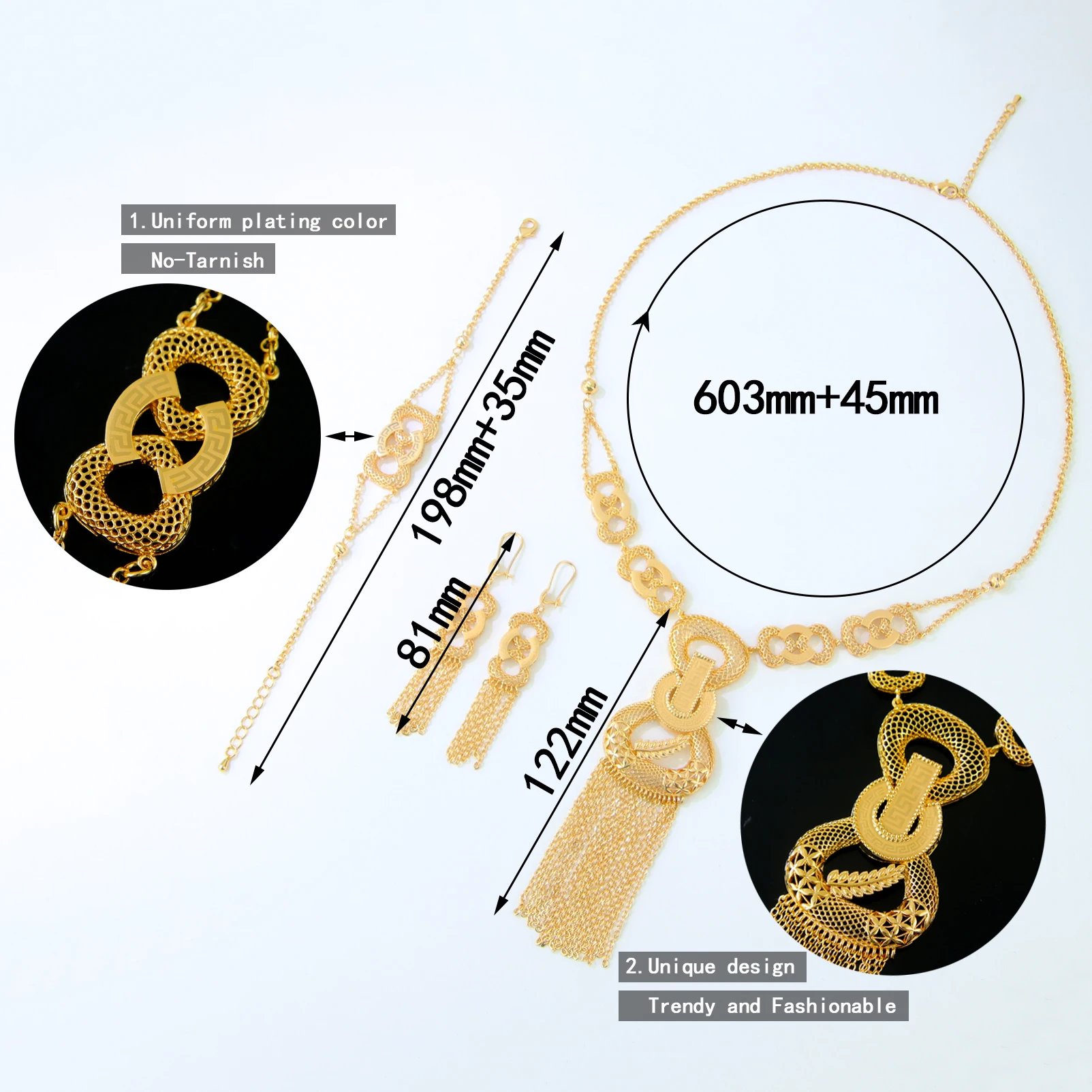 Äthiopisches Brautschmuck-Set 24k Vergoldet Algerische Quasten-Halskette Armband Ohrringe Arabischer Vintage Abaya-Schmuck – Detail 12