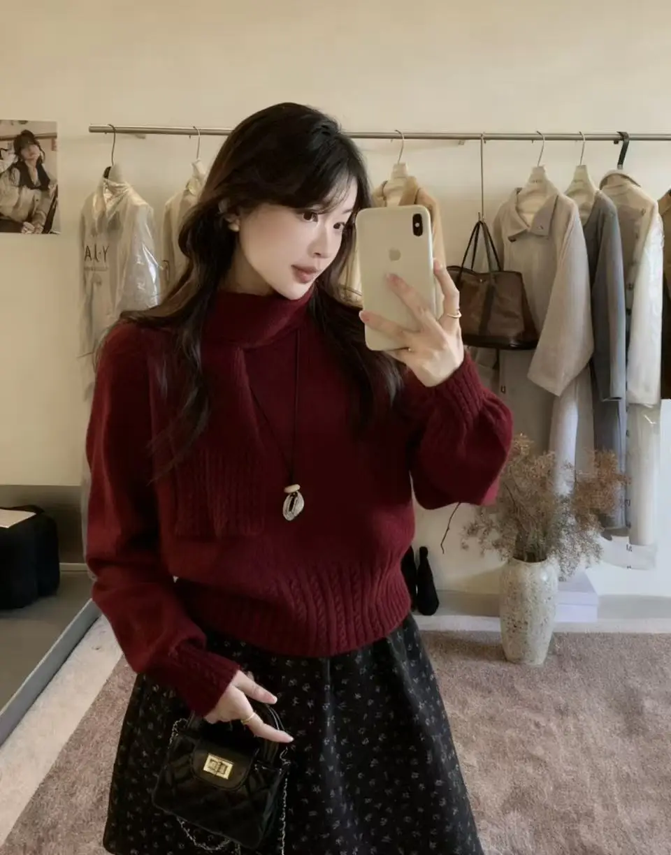 Korean Solid Color Warm Women's Sweater with Scarf Autumn Winter Soft Comfort Pullover Female Lazy Style Round Neck Knitwear