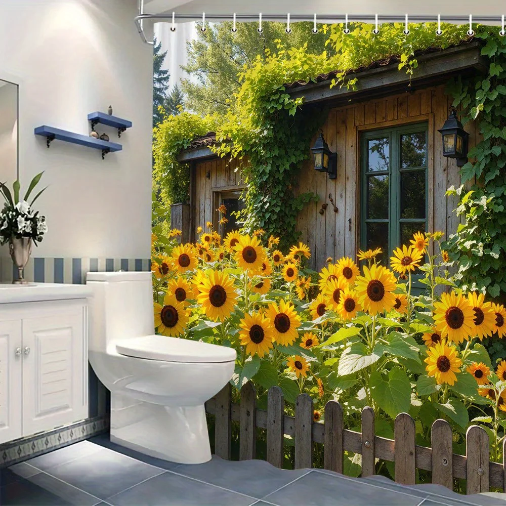 1pc 2D Flat Shower Curtain, Sunflower Garden & Wooden Picket Fence Printed Shower Curtain, Decor for Bathroom