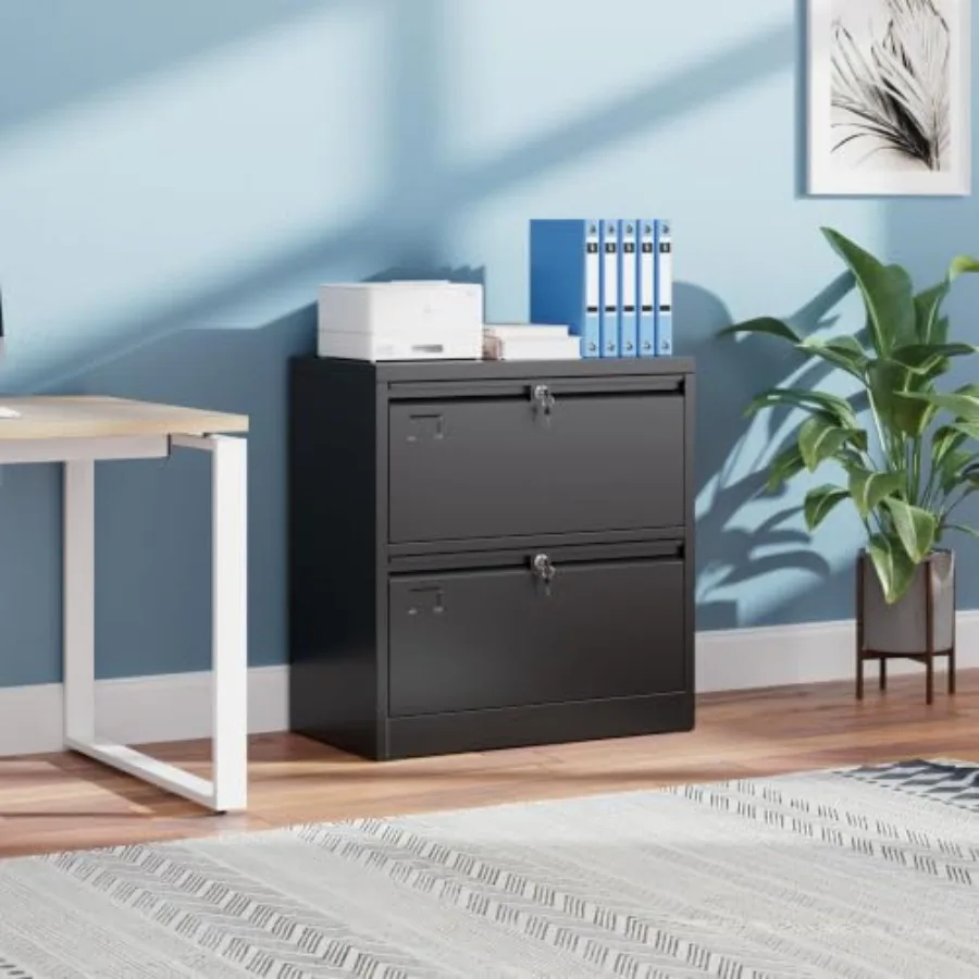 2 Drawer Lateral File Cabinet with Lock, Black Metal Lockable Filing Cabinet for Home Office, Heavy Duty Steel Wide File Cabine
