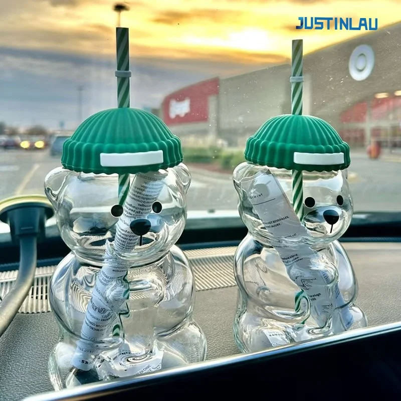 JUSTINLAU Spot Goods Bärenförmige Glastasse mit Strohhalm und Deckel, Kaffeetasse, niedlicher Cartoon, kreativer Glas-Saftbecher, Teetasse, Trinkgeschirr, Geschenk
