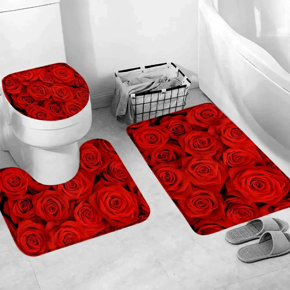 Red Rose Flower Bath Mat Set Fresh Florals Fields and Garden Plant Non-slip Toilet Lid Foot Rug Floor Mat Bathroom Accessory Set