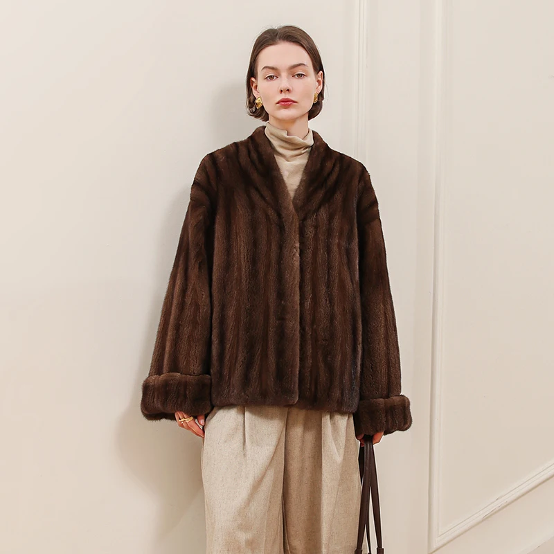 Ftangaiur 冬物輸入ベルベットミンクファーコート Vネック折り返し袖ミンクコート レディース新作ショート丈天然本物ミンクファーコート