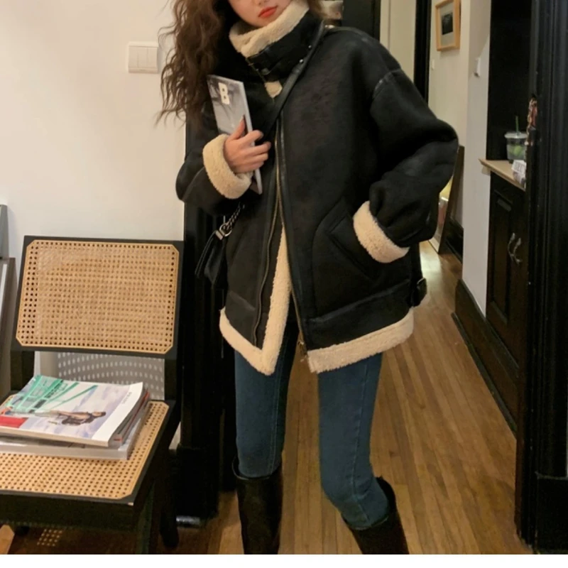 Модная куртка-бомбер на молнии из овчины, верхняя одежда, женская теплая зимняя парка из искусственного меха, замши, парки из овечьей шерсти, пальто