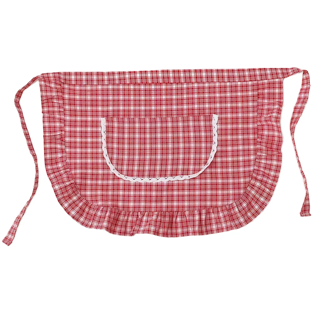 Breathable Cotton Half Apron for Kitchen Use with Functional Pockets Lace Trim Gingham Pattern Red Black 53x39cm