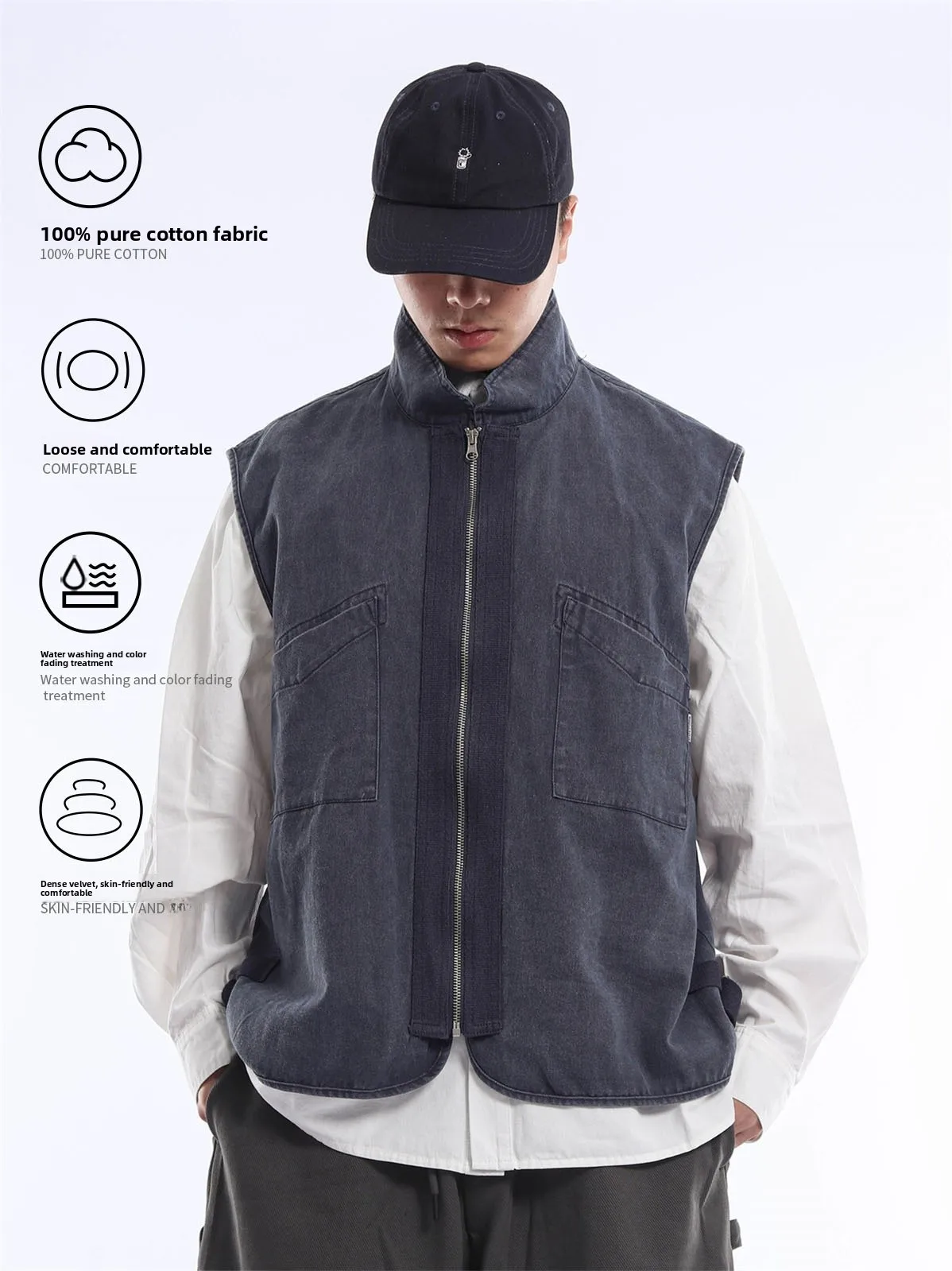 Retro Japanese Style Zipper Front Original Color Denim Blue Vest Washed Workwear Style Sleeveless Collared Loose Men's Vest