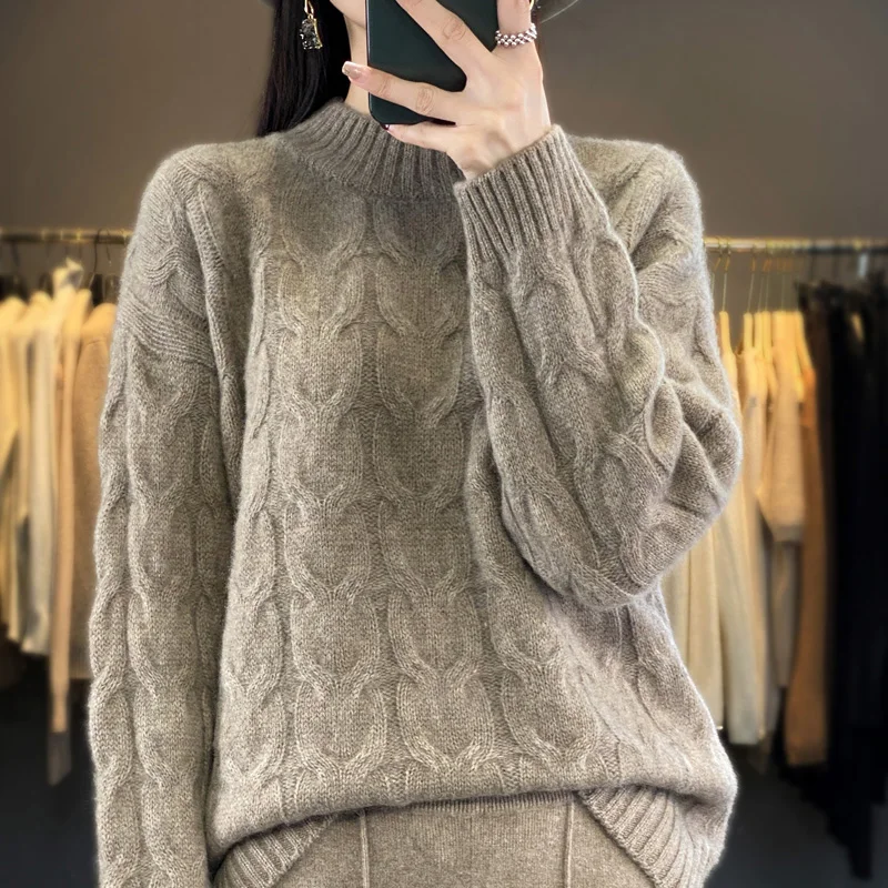 Autumn and Winter New Women's Sweater 100% Wool Cashmere Half High Neck Knitted Pullover Loose Fashion Thickened Women's Top