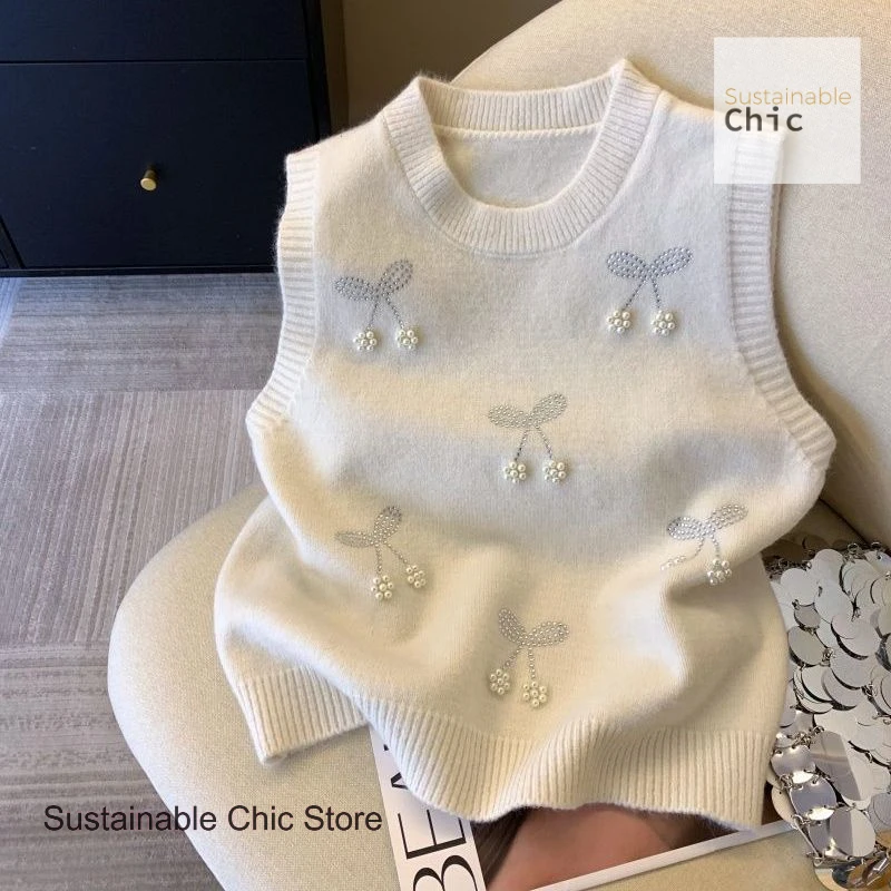 

Korean style round neck Korean beaded knit vest women's spring and autumn new embroidered flower vest sleeveless sweater