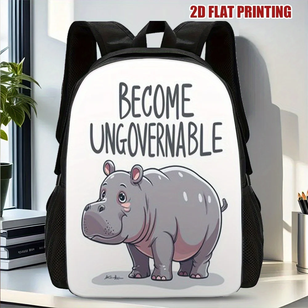 

1 Stylish "Turn Anarchist" Hippo 2D Flat Printed Backpack - Lightweight Durable Polyester for Teens and Students