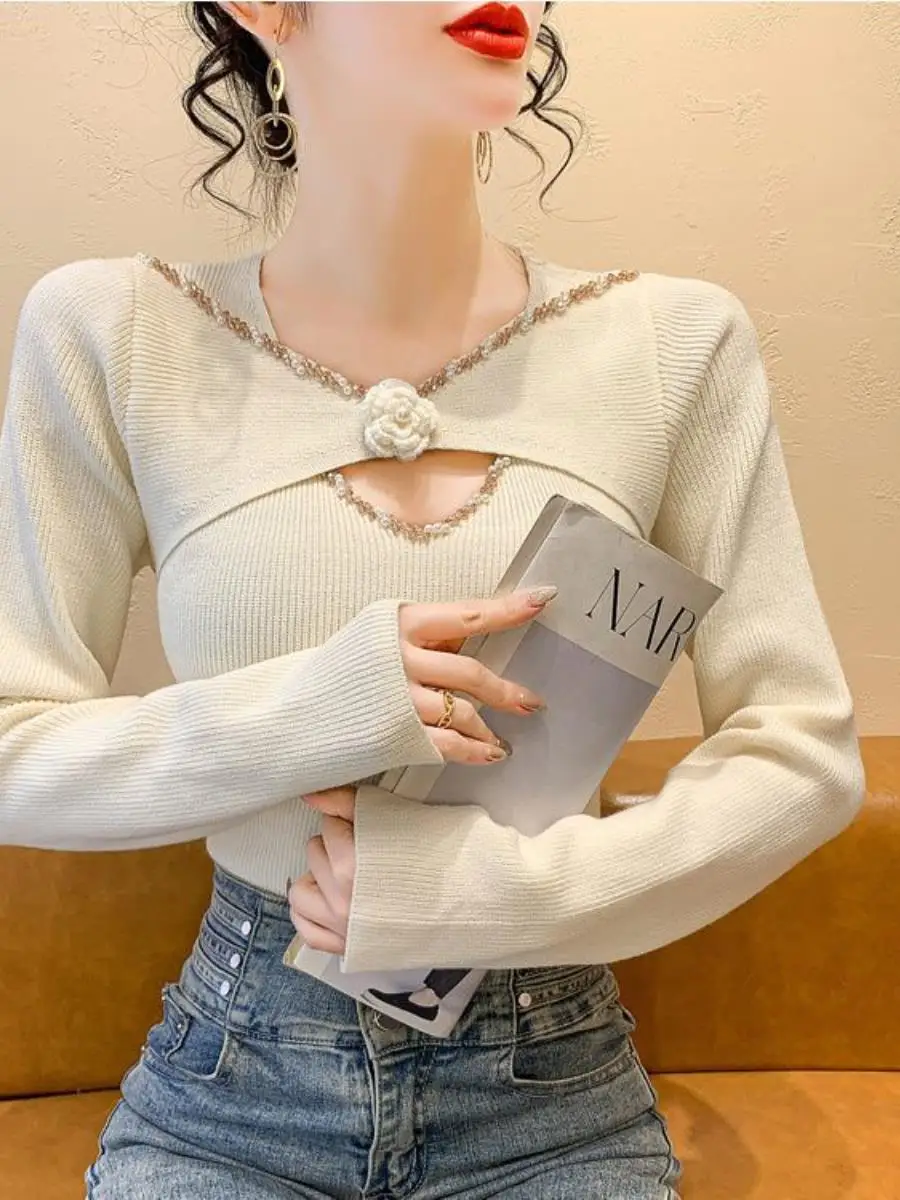 autumn-winter-v-ne-hollow-out-knitted-base-irt-women's-slim-fit-inner-wear-two-piece-set-korean-sle-diamond-embellied