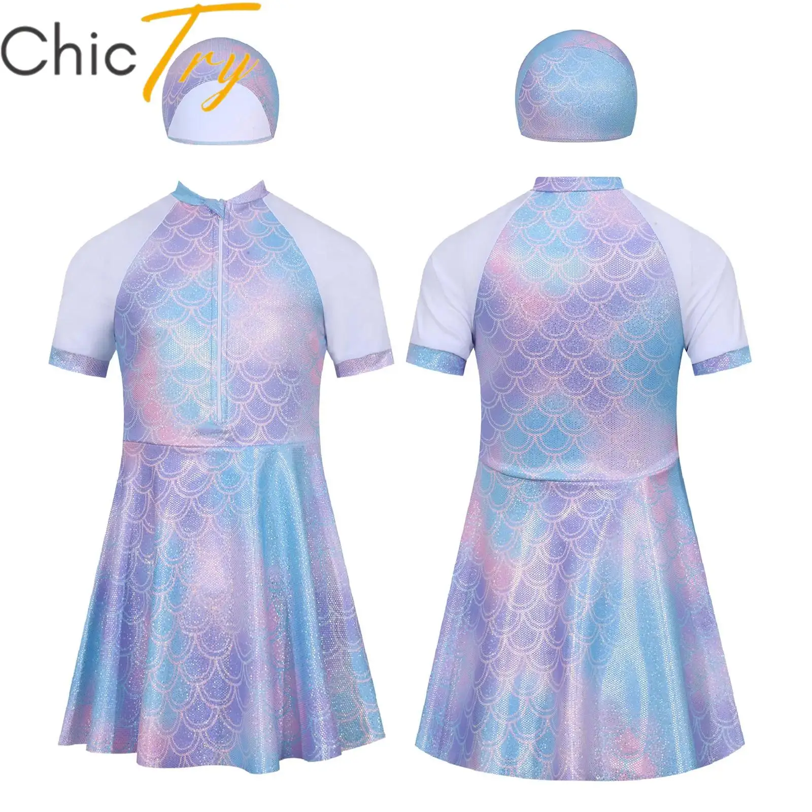 

Kids Girls 3-Piece Swimsuit Metallic Fish Scale Printed Swimwear Short Sleeve Swim Dress with Shorts and Cap Swimming Outfits