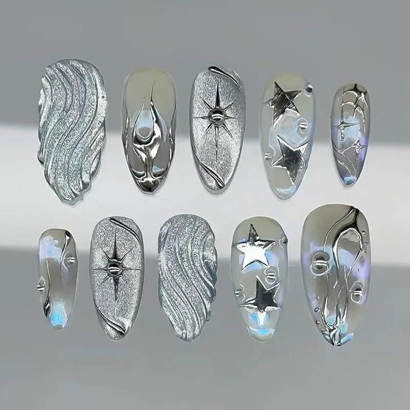 24 pçs imprensa gótica em unhas forma de amêndoa prata francês unhas falsas especiarias meninas estilo cola em unhas falsas simples wearable manicure