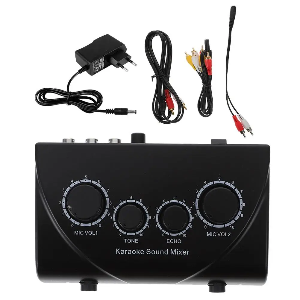 

Dual Microphones Karaoke Sound Mixer Black ABS Copper Dual Channel Audio Mixer for PC KTV Families Stages Low Noise High Quality