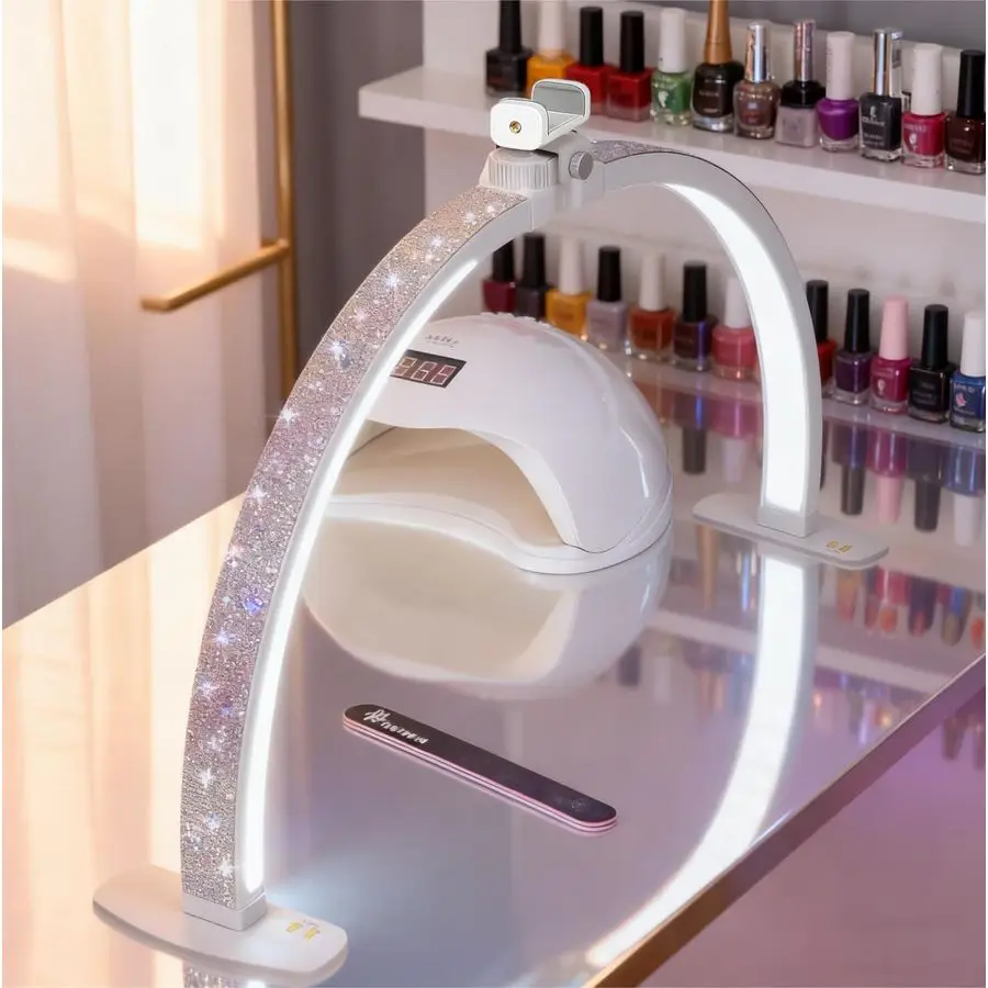 

Moon Light for Nail Desk with Phone Holder, 29IN Folding HalfMoon Light with Shinning Diamond, LED Lamp for Nail Art, Eyelash E