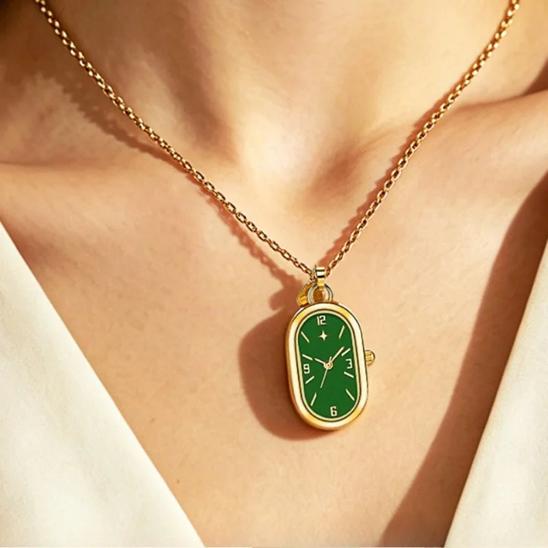 Women's Pendant Watch Oval Necklace Elegant Quartz Pocket Watch Fashion Jewelry Luxurious and Compact Valentine's Day Gift