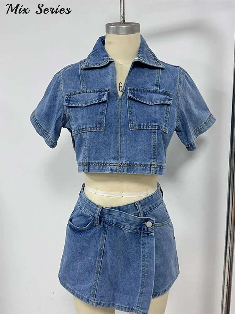 طقم تنورة نسائية من قماش الدنيم أنيق بأكمام قصيرة وفضفاض عالي الخصر وحزمة الورك تنانير بدلة نسائية لصيف 2025 ملابس خروج نسائية