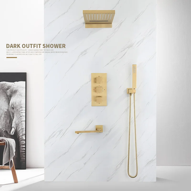 

FARRETE luxury brushed gold brass hidden thermostat shower head set embedded in wall hidden waterfall shower system