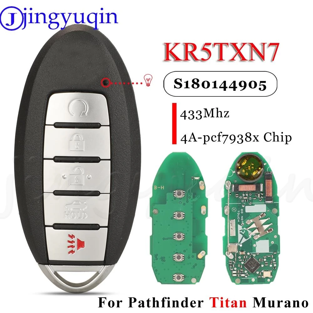 

jingyuqin KR5TXN7 S180144905 Proximity Smart Key Fob 433MHz 4A Chip For Nissan Pathfinder Titan Murano 2019 2020 5Buttons