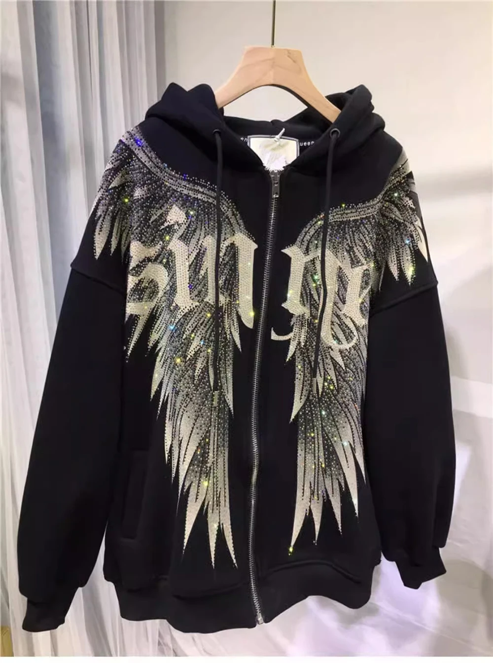 Plus Size Luxury Women Big Wings Hot Beading Hooded Jacket Diamonds Hoodies Coat Cardigan Zipper Velvet Tops