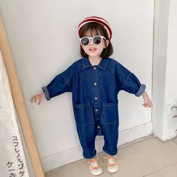 Children Clothing Jumpsuit Autumn New Boys Girls Casual Letter Tooling Denim Baby Kids Clothes Japanes & Korean Style 1-7 Y