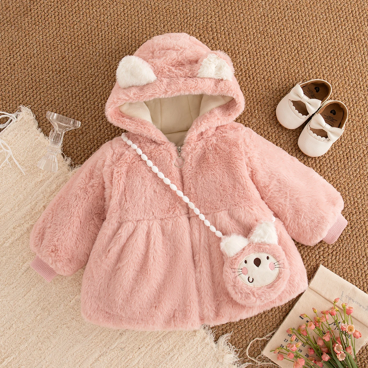 

Baby Girl's Coat Winter Cotton Solid Color Hooded Cartoon Ear Baby Girl Jacket Cute And Warm Christmas Girl Tops Baby Clothing