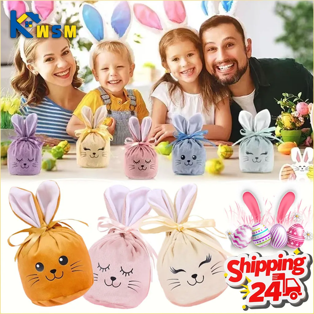 10-40PCS Easter Party Drawstring Gift Bag Bunny Pouch Sack Smiling Face Transfer Craft Candy Bag Storage Easter Basket Packaging