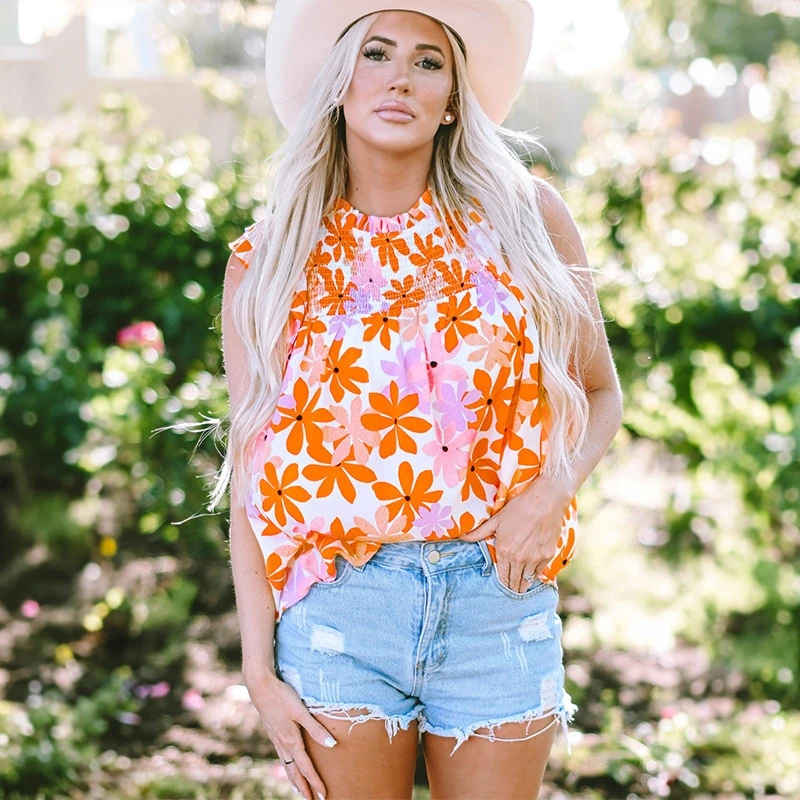 

Женская винтажная шифоновая блузка с цветочным принтом, летняя повседневная свободная футболка с коротким рукавом и рюшами по подолу, мода 2025 года, модный, элегантный стиль