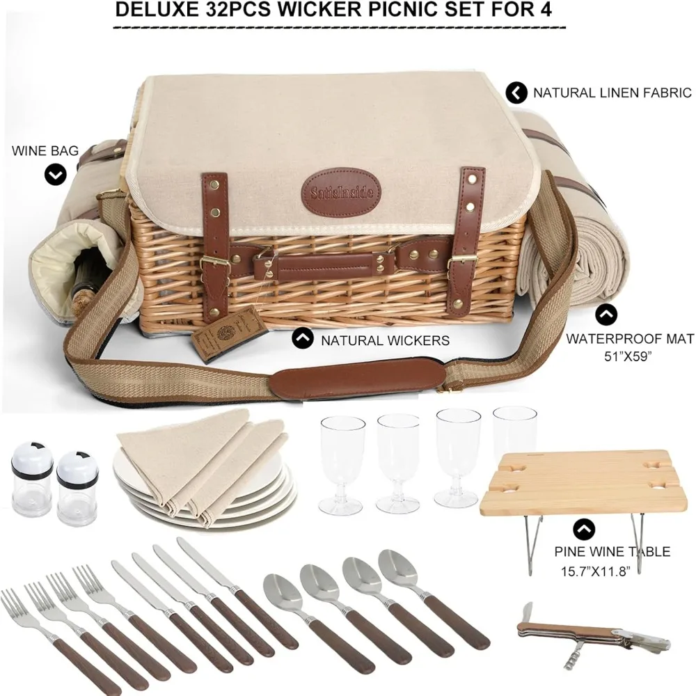 مجموعة سلة نزهة من الخيزران تتسع لـ 4 أشخاص مع بطانية معزولة وطاولة قابلة للفصل وأدوات مائدة كاملة للتخييم للأزواج في الهواء الطلق