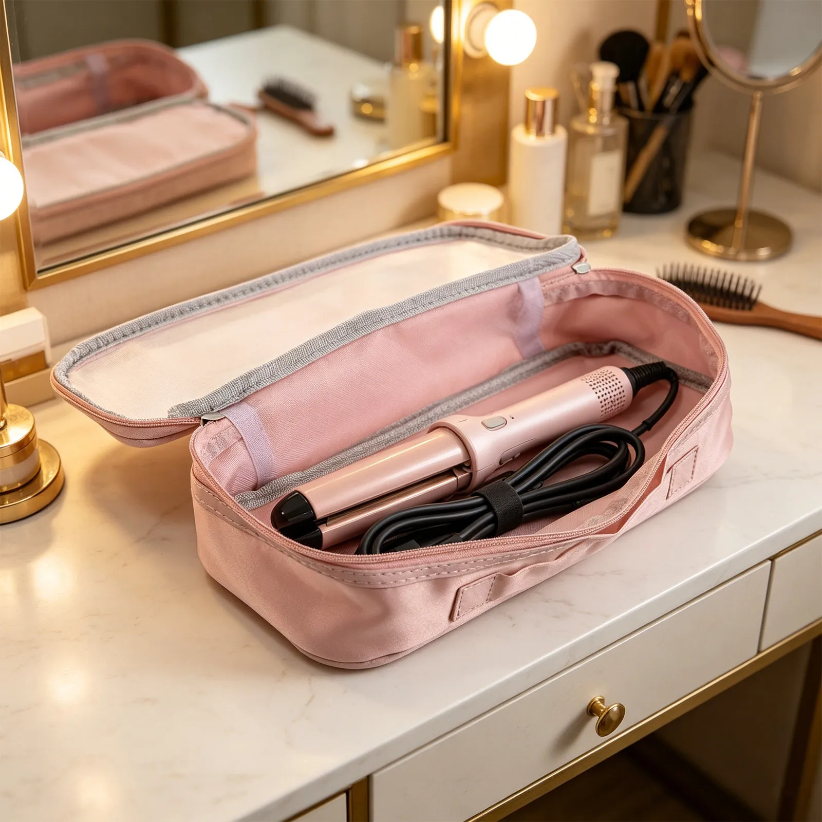 Pink Hair Tools Travel Bag Portable Curling Iron Organizer Case Mesh Window Storage Holder Blow Dryer Pouch Travel Hair Styling