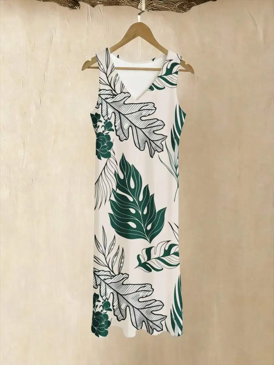 

Sleeveless V-Neck Long Dress With Tropical Leaf Print For Women Summer Beach Vacation