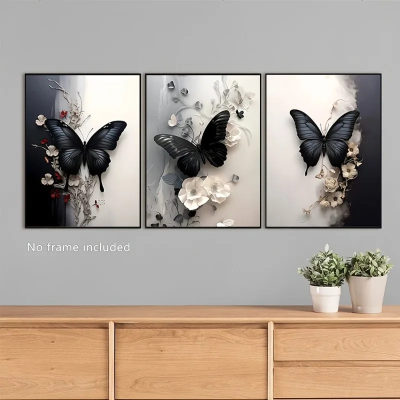 3pcs Butterfly Canvas Wall Art Prints,Black White Floral Painting Reproductions,Waterproof Canvas Decor for Living Room,Kitchen