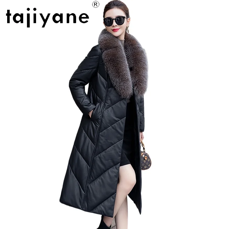 سترة من جلد الغنم من TAJIYANE للسيدات بياقة من فرو الثعلب معاطف طويلة سترات من الجلد الحقيقي 2025 ملابس شتوية للنساء