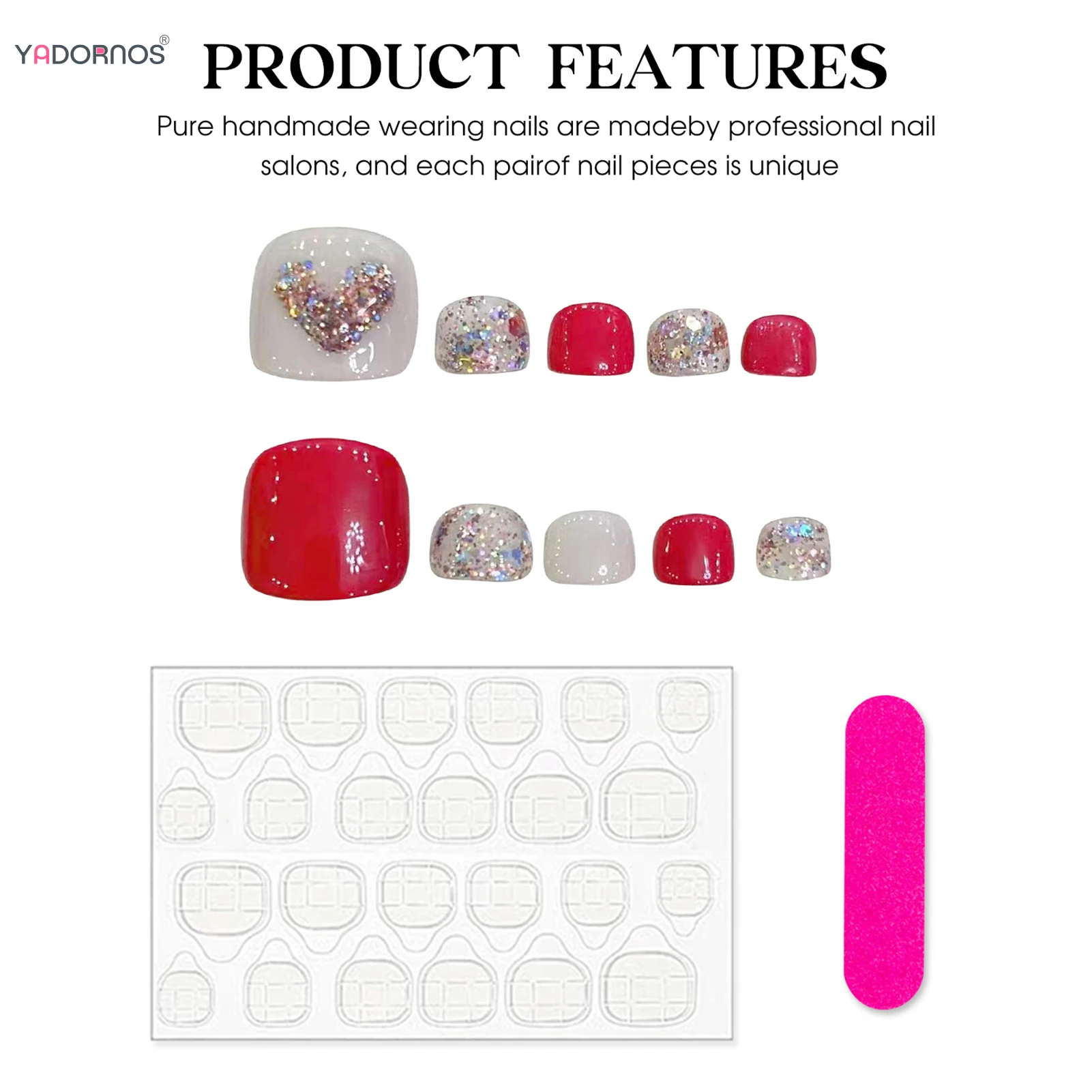 Faux ongles carrés courts faits à la main, rouge et blanc, N64.N64.For Foot Shiny Love Coussins Designs, Wearable Nail Tips, Art, 10 pièces