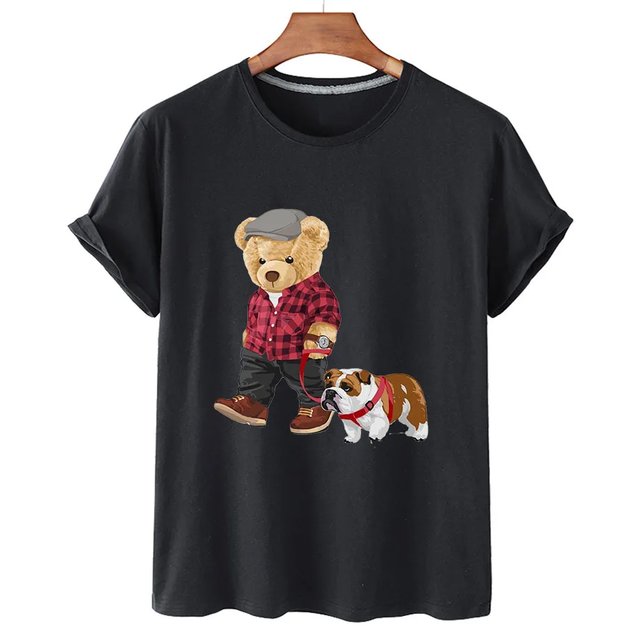 100% Cotton Dog Walking Bear Short Sleeve T-Shirt Women's Summer 2022 Women's Casual T-Shirt Unisex Short Sleeve T-Shirt S-4XL