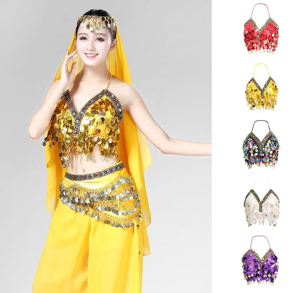 Belly Dance Practice Bra Chiffon Sequin Tassel Costume Top for Women’s Stage Performance Outfit