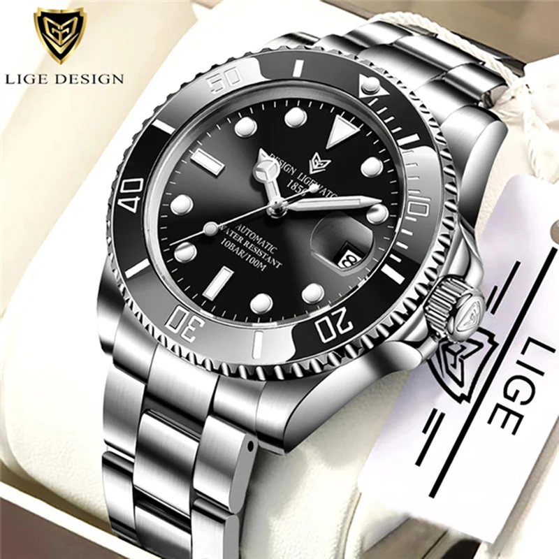 LIGE luxury Men's watches business 100 meters waterproof mechanical luminous date stainless steel watches for men reloj hombre