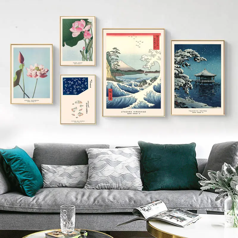 Mount Fuji Lotus Picture Painting on Canvas Sea Wave Vintage Life Print Art Wall Decorative Posters Bedroom Decor Japanese Style