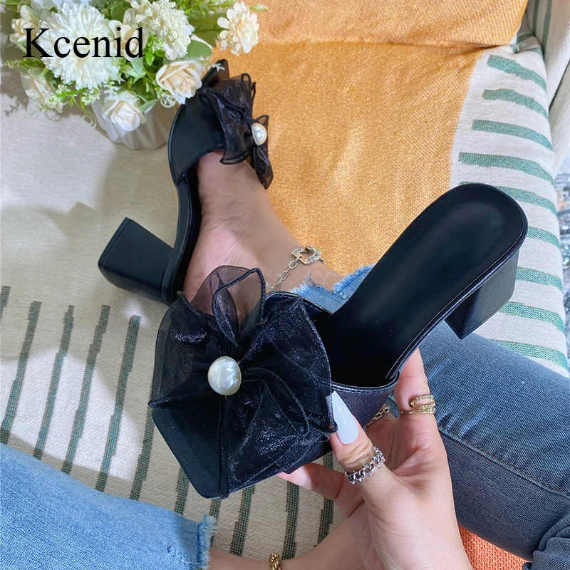 Kcenid Mesh Flower Square Heel Slippers Woman Peep Toe Mules Lady Pumps Slides Shoes Zapatos De Mujer Summer Dress Slides Shoes