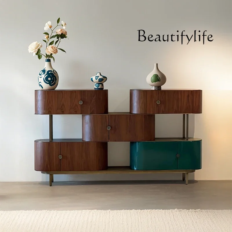 N47 Italian light luxury solid wood dining side cabinet minimalist walnut color partition cabinet entrance foyer decoration crea