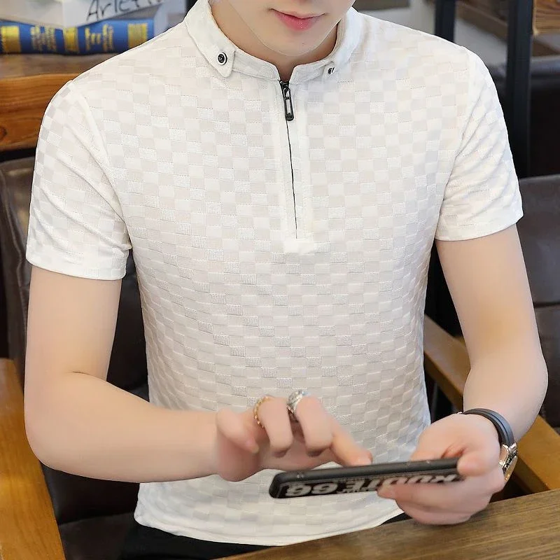 

Мужская футболка-поло в клетку, с воротником на молнии