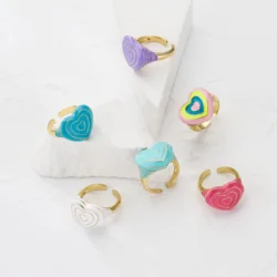 HECHENG,Rainbow Enamel Dripping Oil Heart Rings For Women Copper Gold Color Punk Rings Trendy Jewelry Adjustable