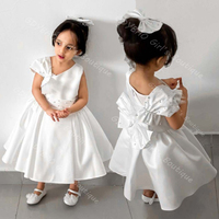White Flower Girl Dresses for Wedding Toddlers Beaded Satin Bow Tea_length First Communion Dress Customized Kids Birthday Gown
