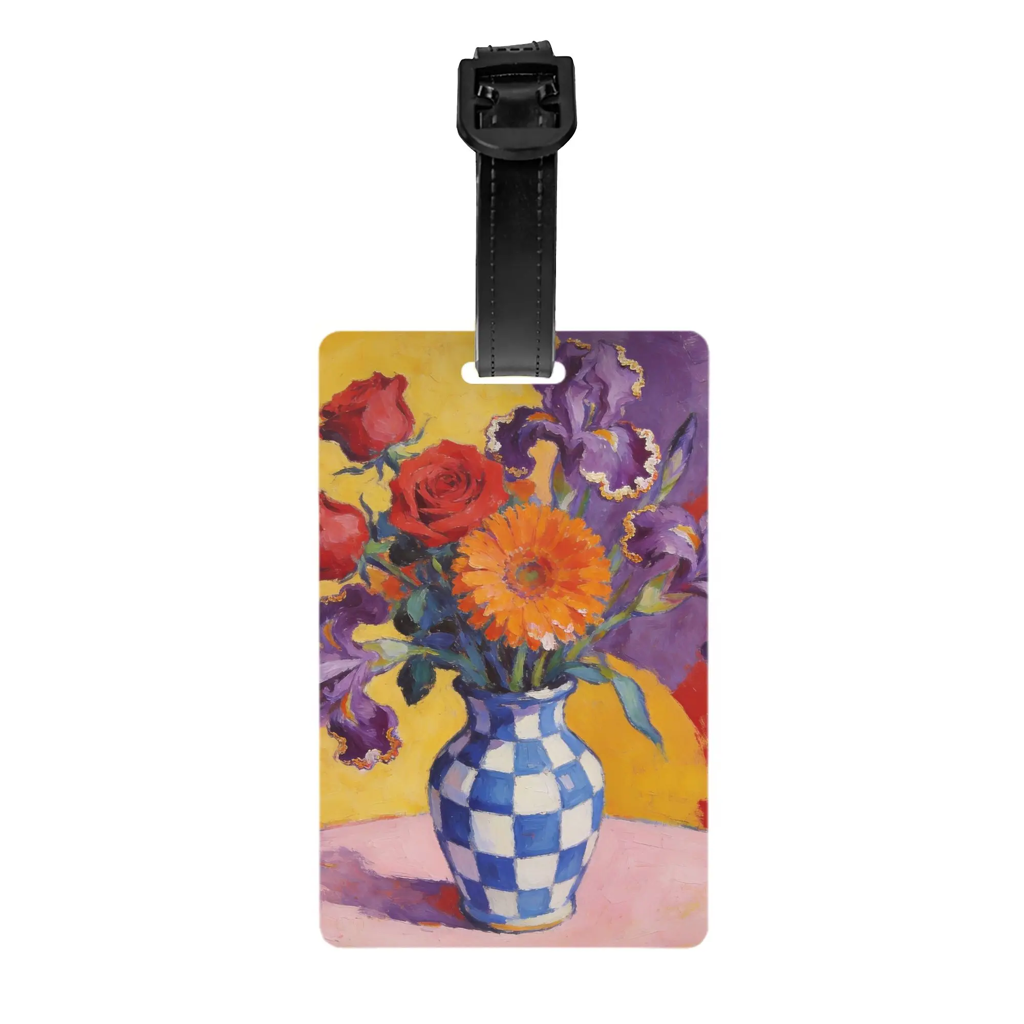Still Life Flower Oil Painting Luggage Tag Checkerboard Vase Rose Iris Floral Art Print Suitcase Baggage Name ID Tag Travel