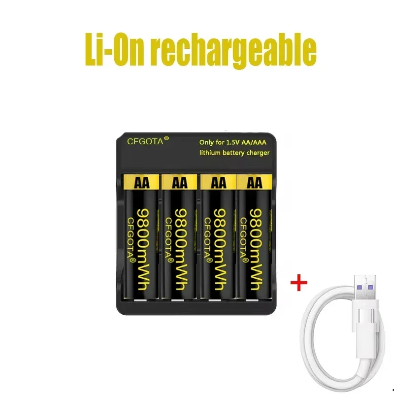 Batterie lithium-ion aste avec chargeur USB, batterie AA, télécommande, souris, ventilateur, jouet électrique, 1.5V, 9800mwh