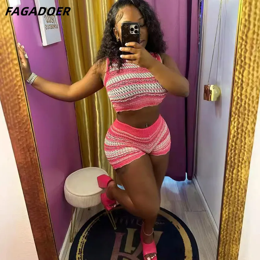 FAGADOER Fashion Y2K Pink Striped Knitting Two Piece Sets Women O Neck Sleeveless Crop Top And Shorts Outfits Female Streetwear