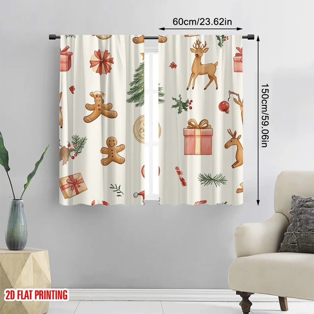 2pcs,2D plane printing Popular Curtain Panels Christmas Bells Bows Delivery (3) Durable Polyester (without rod) Room Decor Use